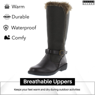 Boston Accents Womens Cold Weather Boots With Side Zipper Closure Patty Waterproof Insulated Tall Winter Boots - Comfortable, Keeps Feet Warm & Dry - Available Both In Medium And Wide Width